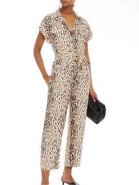 JOIE Jailee Leopard Animal print Short Sleeve Jumpsuit Mobwife Neutral Comfy M